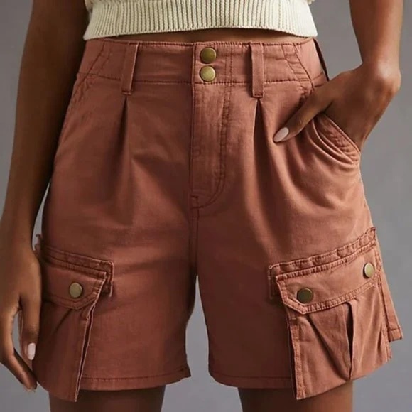 Anthropologie Pilcro High Rise Cargo Bermuda Shorts Rust Orange Size 28 - Picture 1 of 5